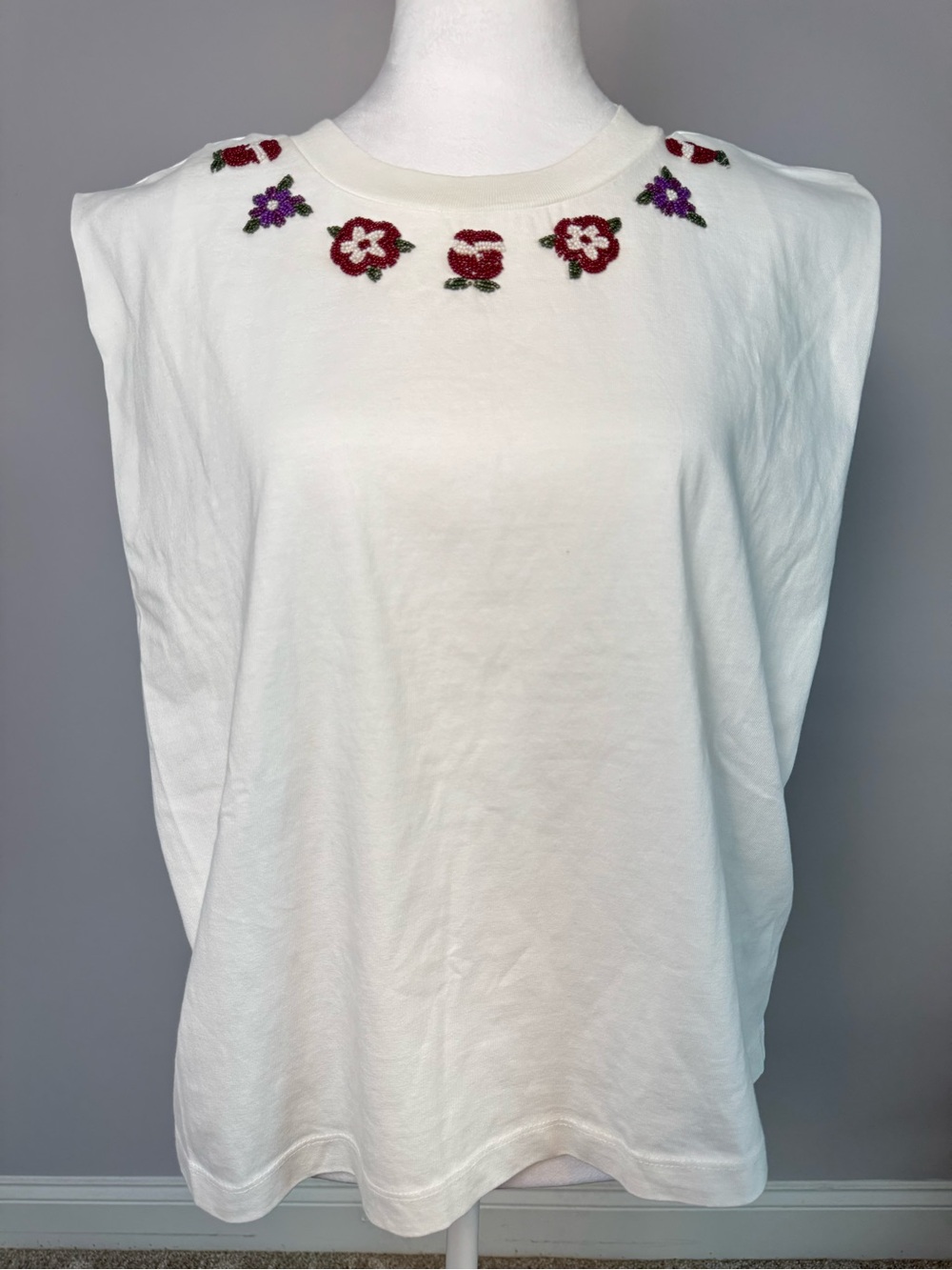 FARM Rio Beaded Floral Sleeveless Top Off-White Medium Boho Cottagecore